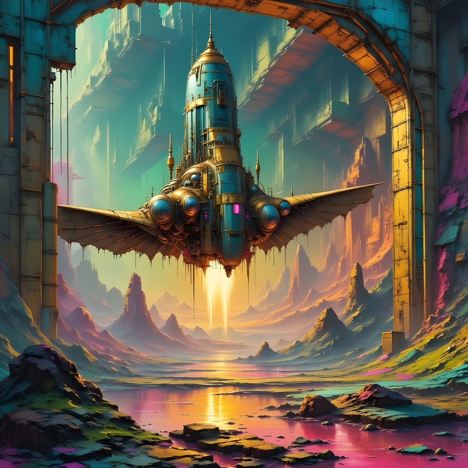 Surreal Rock Landscape with Neon Glow