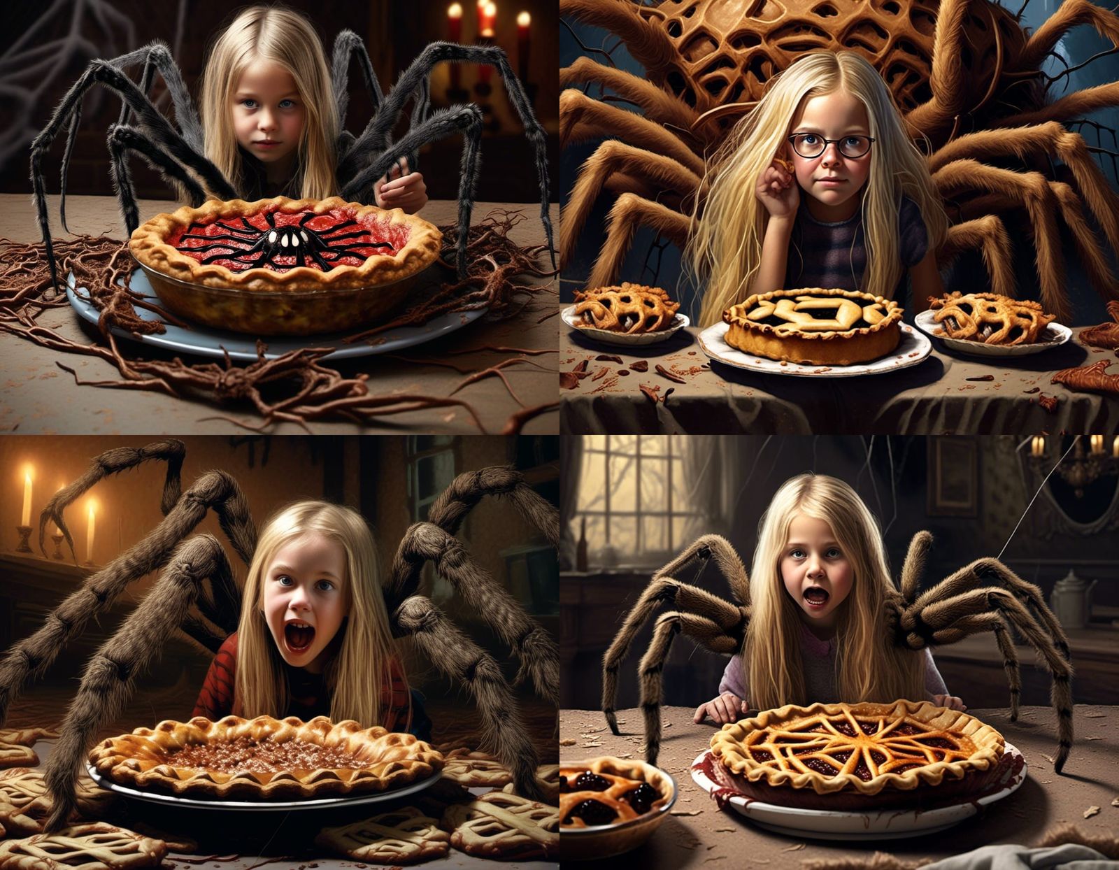 Horror: Girl Eating Pie with Giant Spider