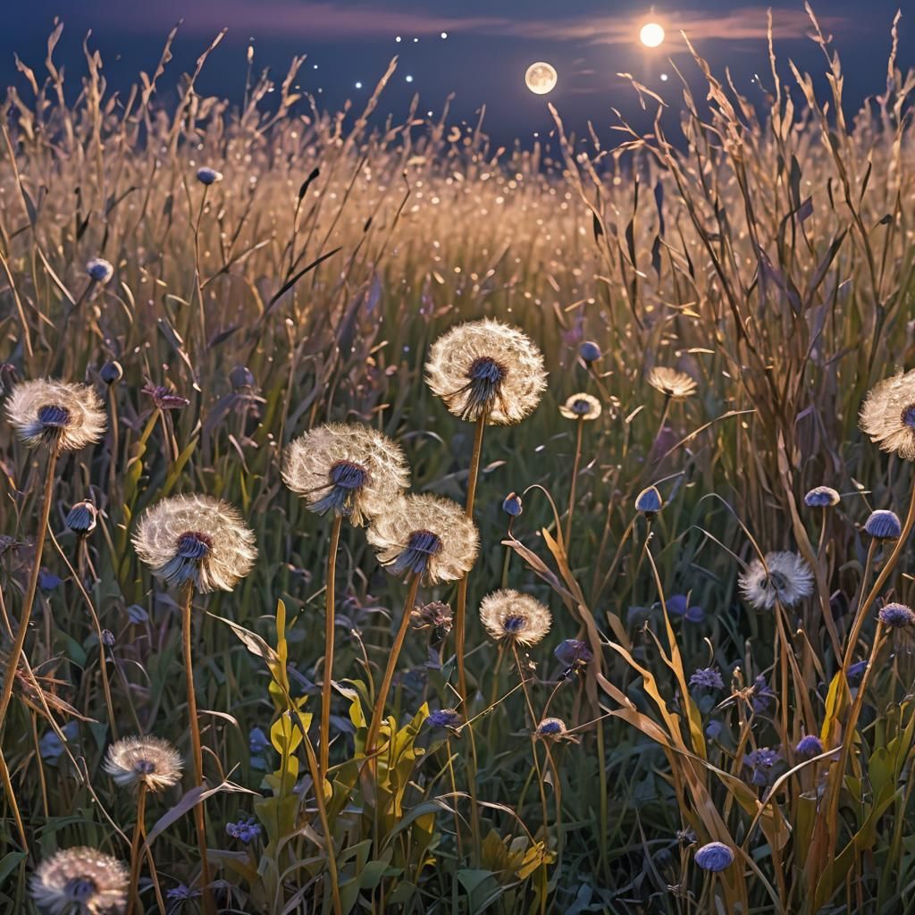 Dandelion Seeds Ascend on a Starry Night