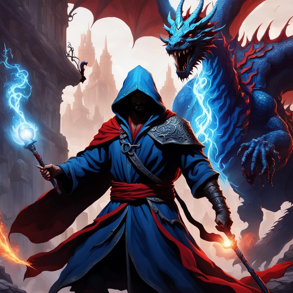 Sorcerer vs Chromatic Dragon in Detailed Matte Painting