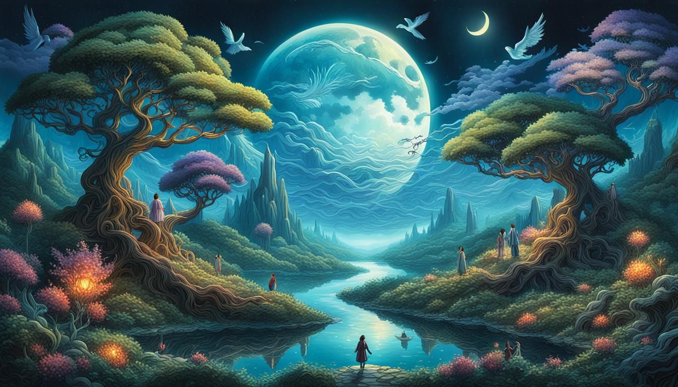 Ethereal Intertwined Fantasy Landscape with Geometric Flora