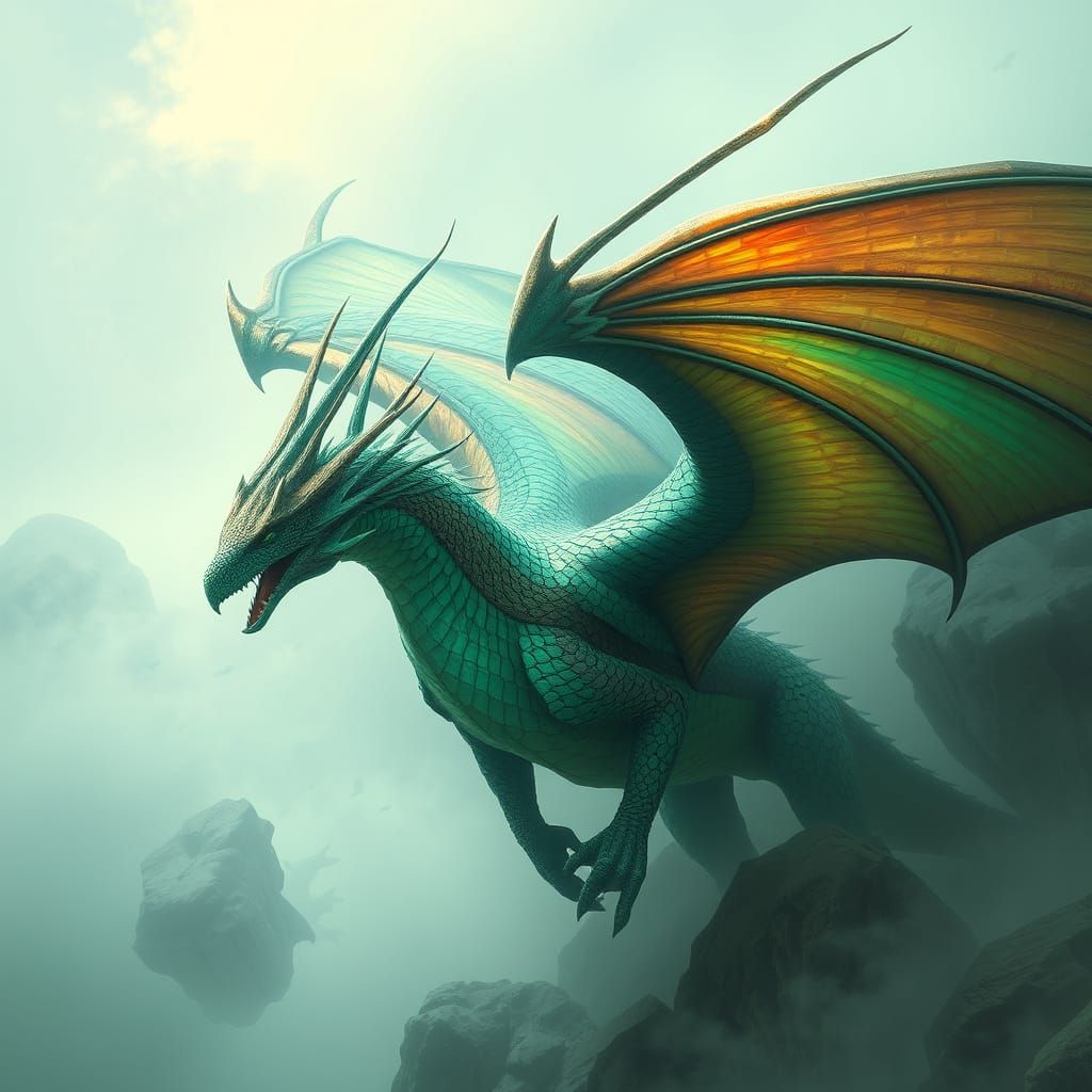 Emerald Wyvern Soaring in Mystical Realm