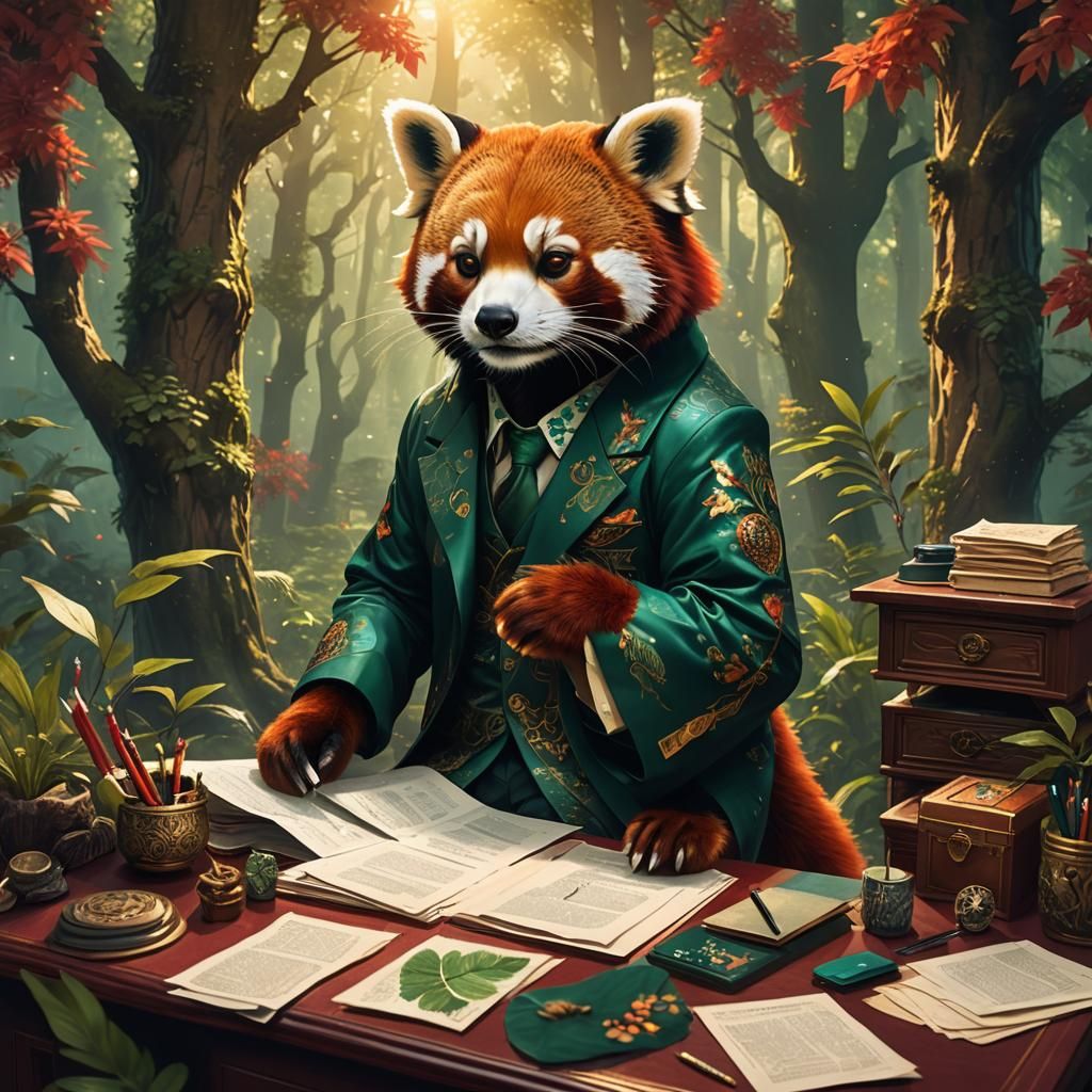 Red Panda Businessman in Mystical Forest