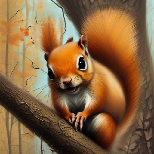 Adorable Squirrel in Tree: Hyperrealistic Digital Art