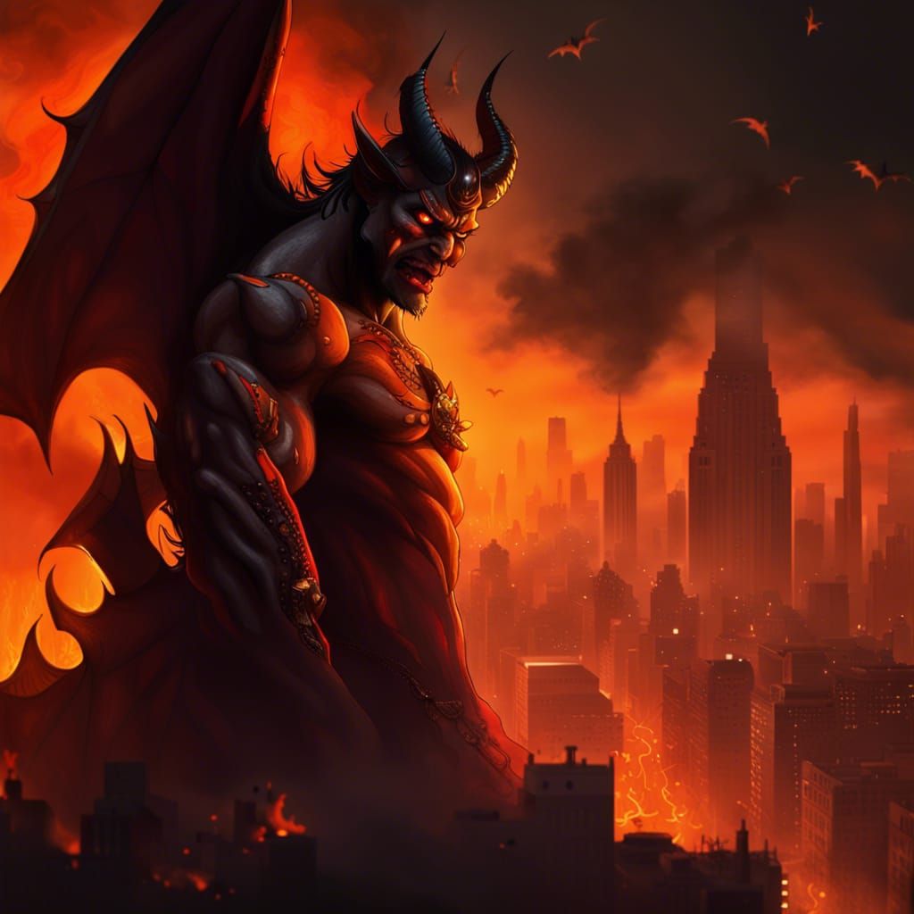 Demon Over Burning City: Hyperrealistic Splash Art