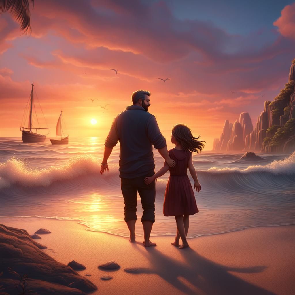 Happy Father and Daughter at Beach Sunset