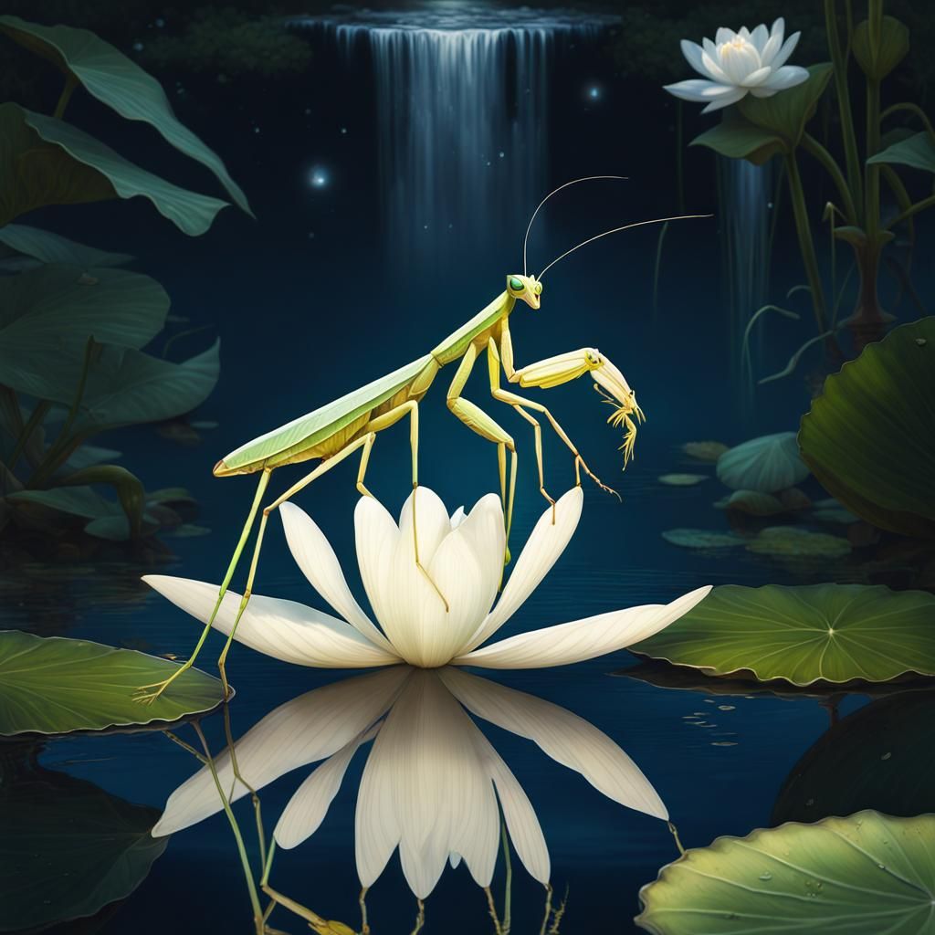 Metallic Mantis on Water Lily in Lush Jungle