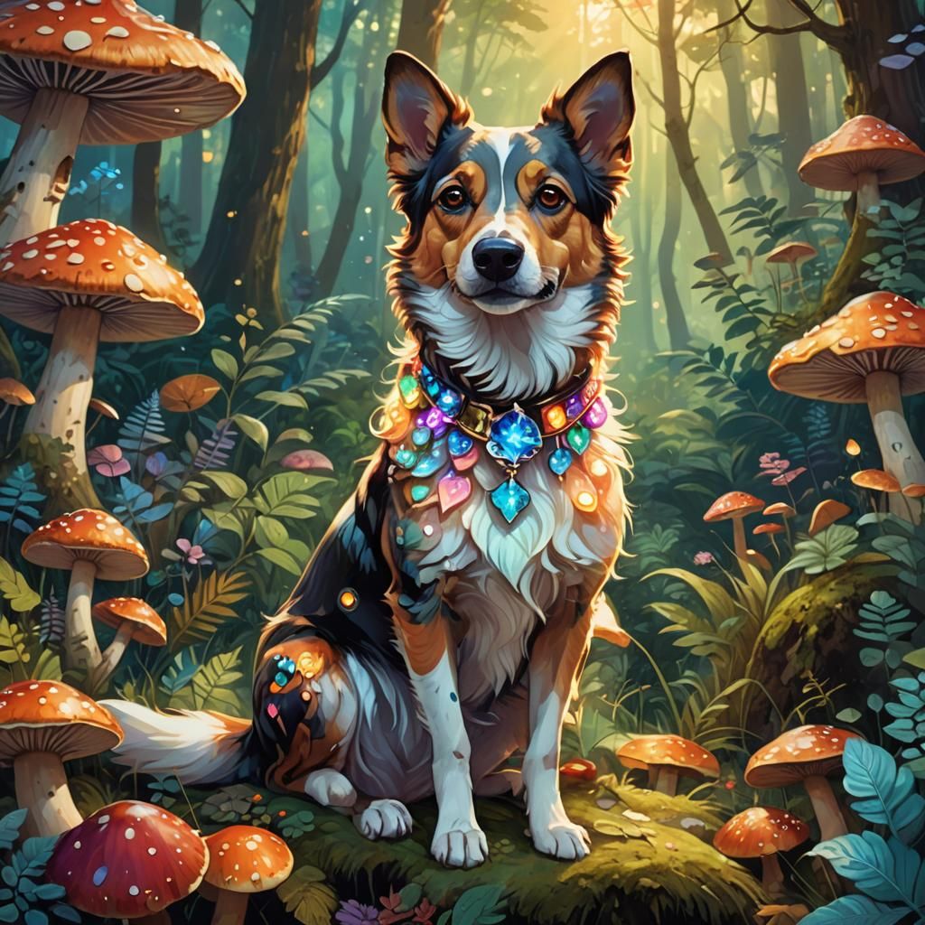Dog on Mushroom in Lush Fantasy Forest