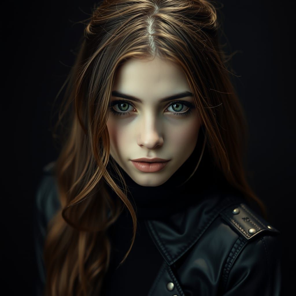 Stunning Green-Eyed Girl in Leather Attire