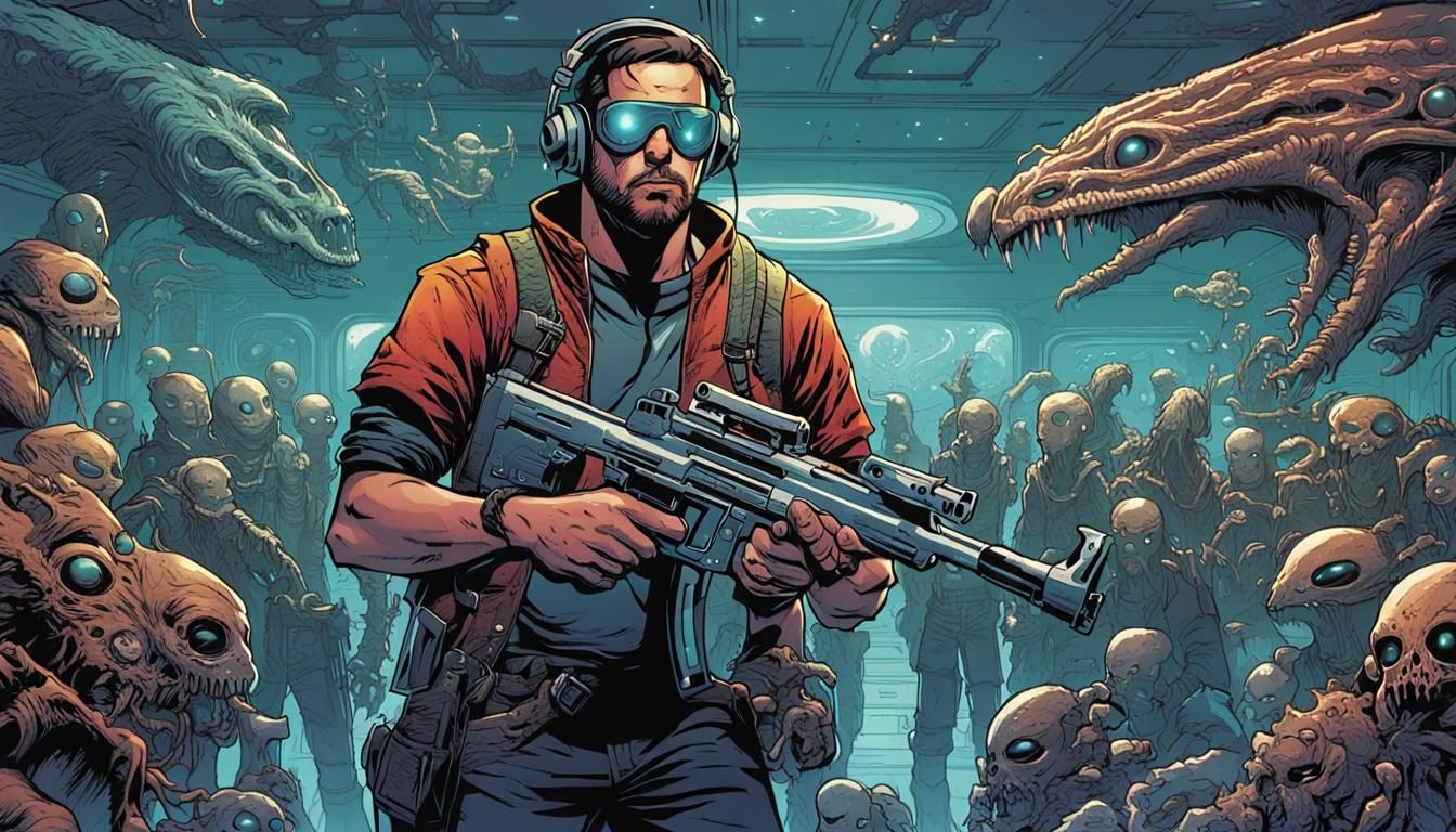 Space Pirate with Blaster in Alien Room: Comic Art