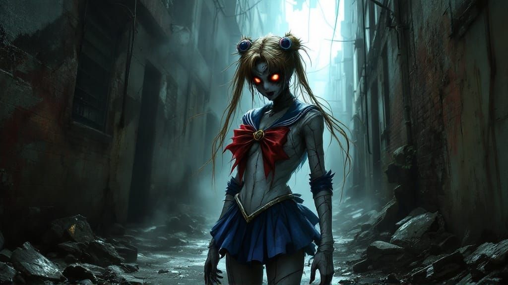 Dark Sailor Moon in Abandoned Alleyway, Haunting Gothic Horr...