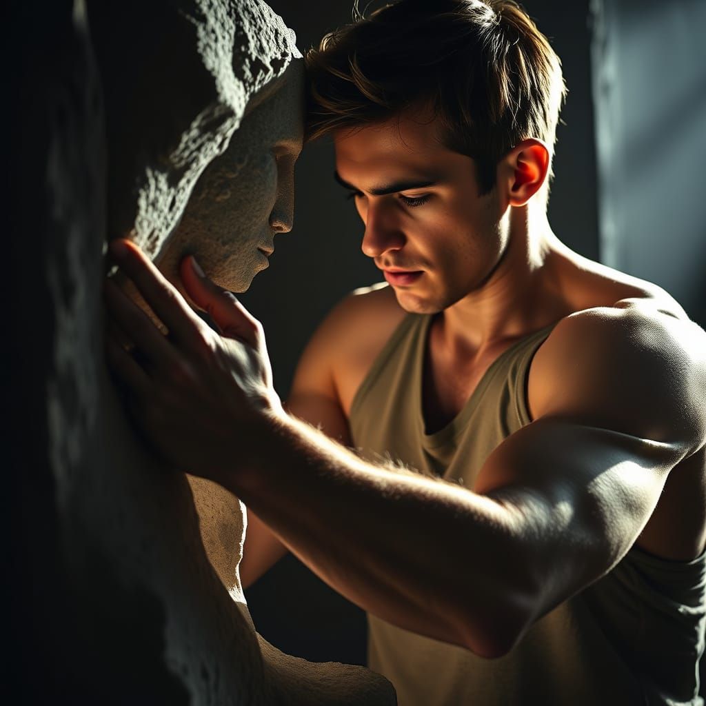 Young Sculptor Creates Modern Image with Dramatic Lighting