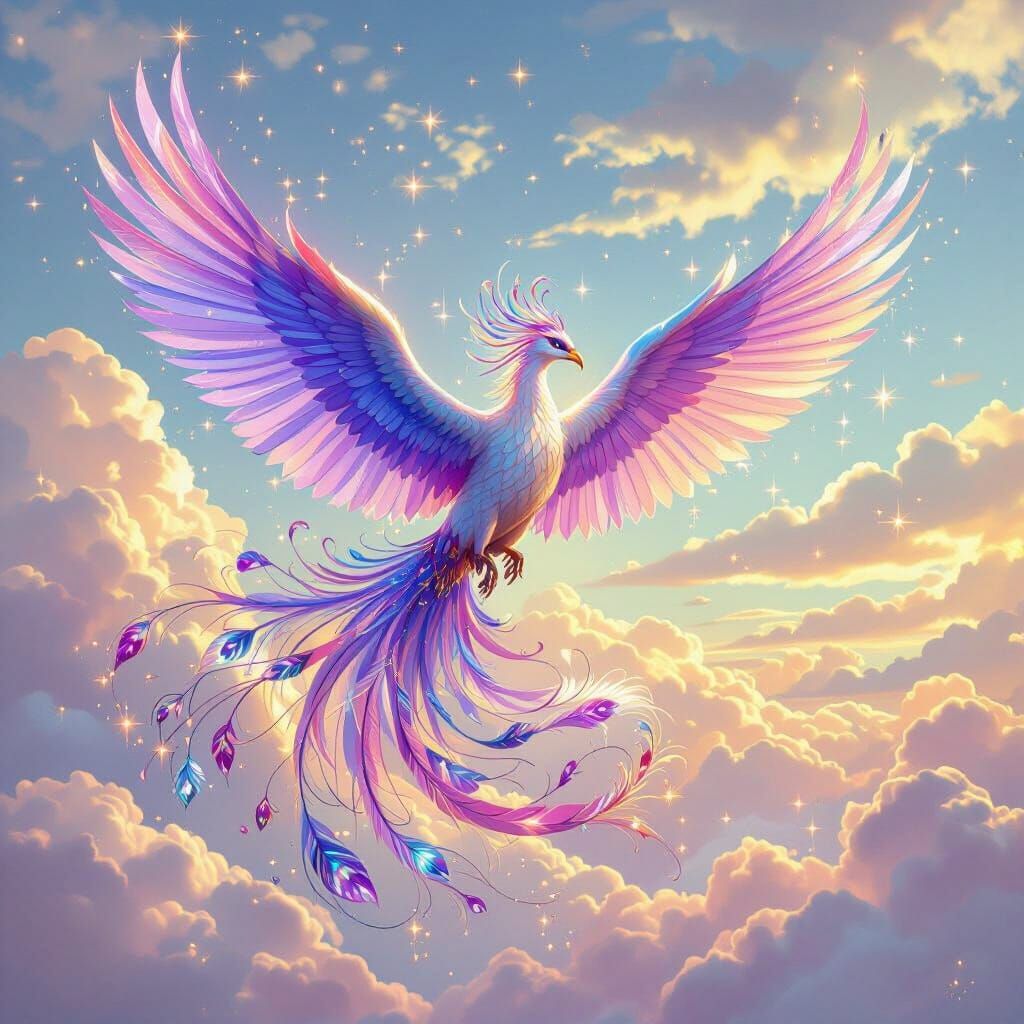 Iridescent Phoenix Soaring in Dreamy Sky