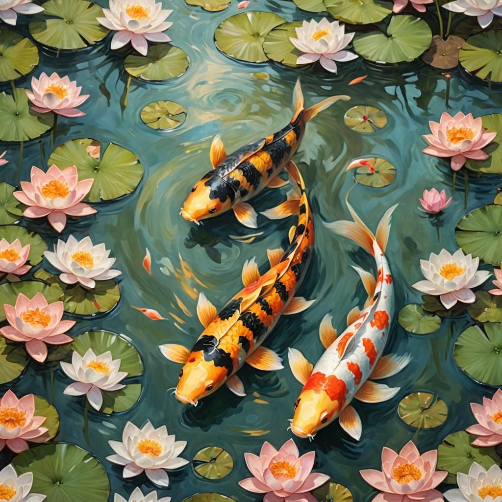 Yin Yang Koi Carp in Impressionist Oil Painting