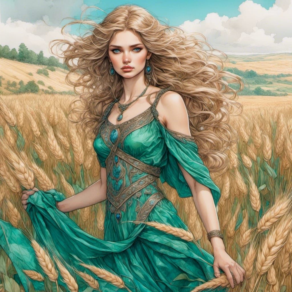Slavic Goddess of Nature in a Harvest Scene