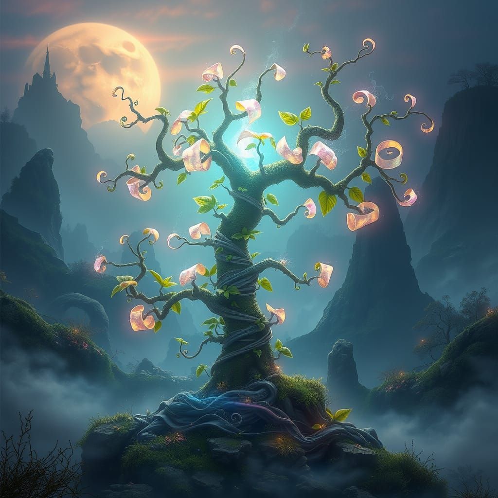 Ethereal Scrolls Unfurl on a Lush, Iridescent Vine