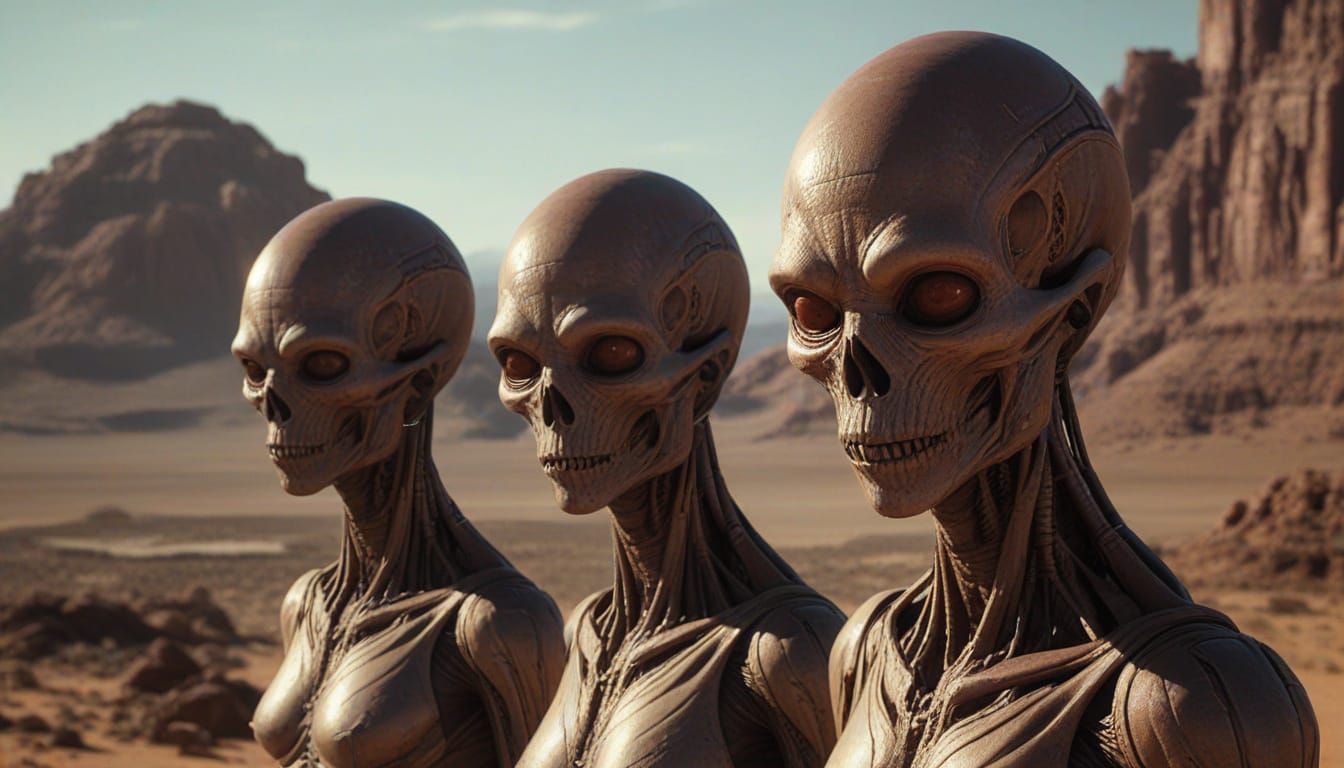 Tall Copper-Skinned Martians in Desolate Landscape