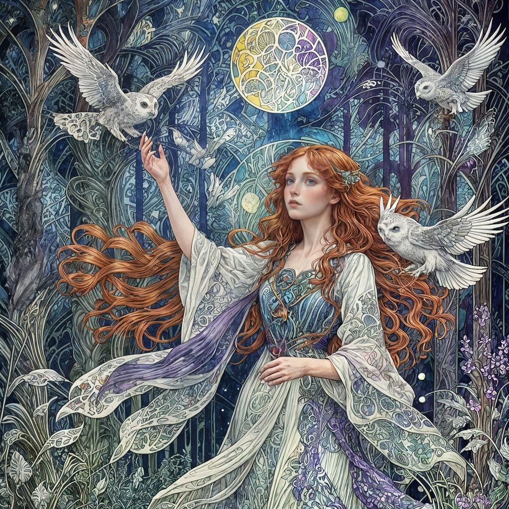 Girl Holds Owl in Forest, Art Nouveau Watercolor