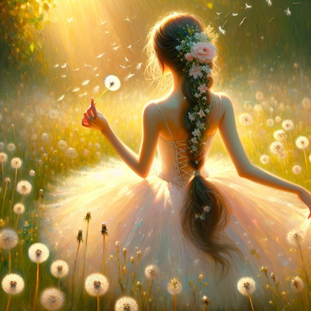 A ballerina dancing in a sunny meadow. She is adorned in a d...