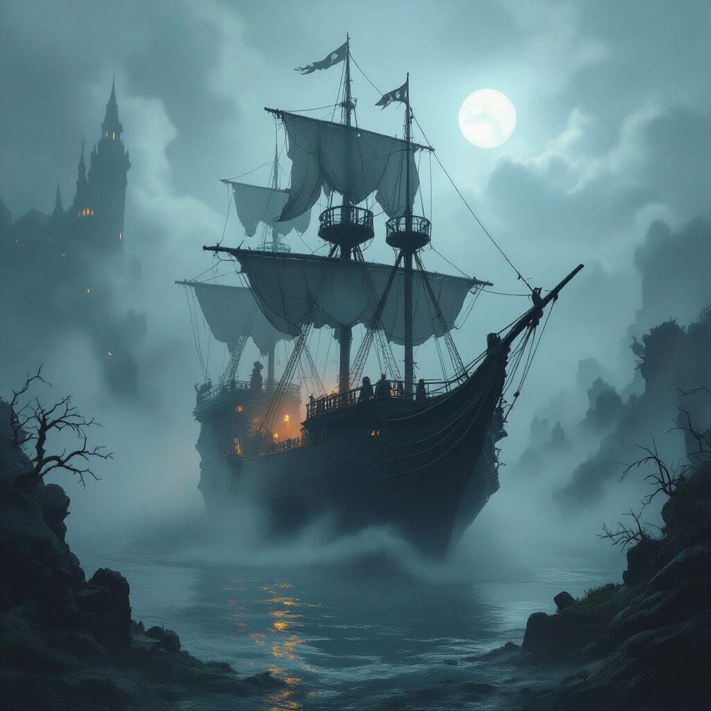 The Flying Dutchman Pirate Ship in Dark Fantasy Style