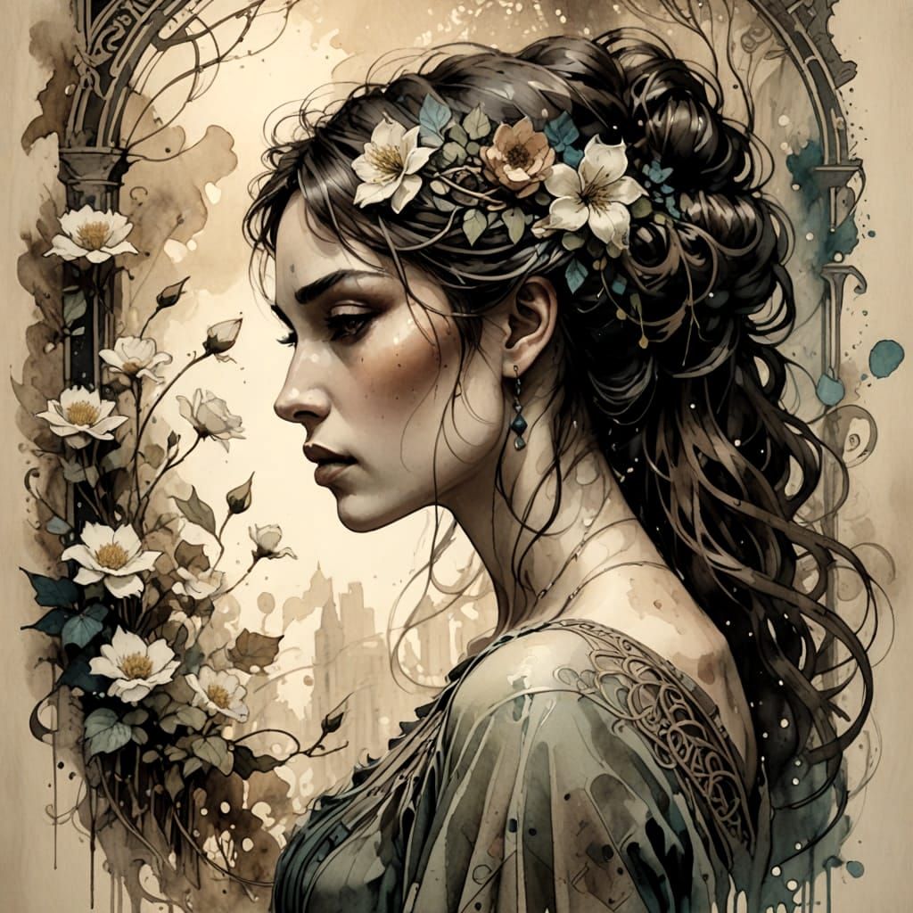 Dreaming Brunette in Art Nouveau Impressionist Watercolor