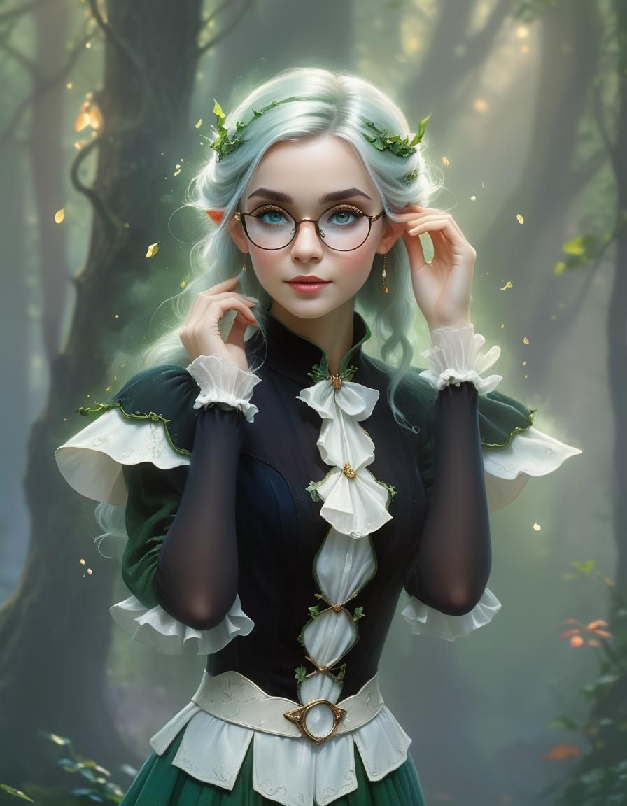 Beautiful Elf Woman with Glasses in Magical Forest