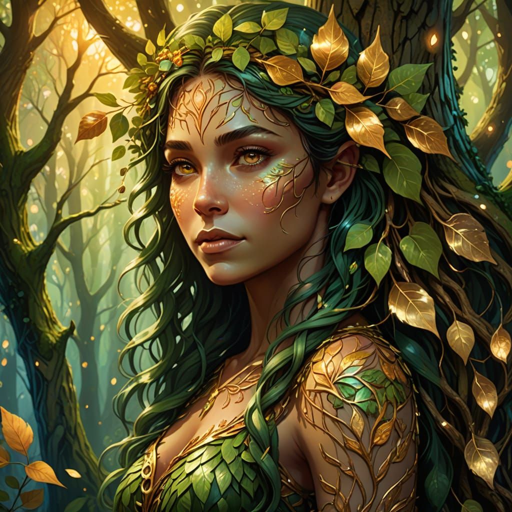 Dryad Portrait in Forest with Golden Light