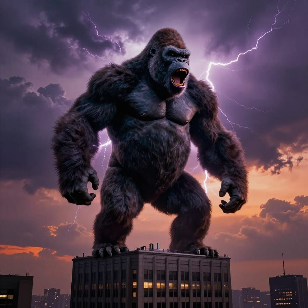 King Kong on Skyscraper Under Stormy Twilight Sky