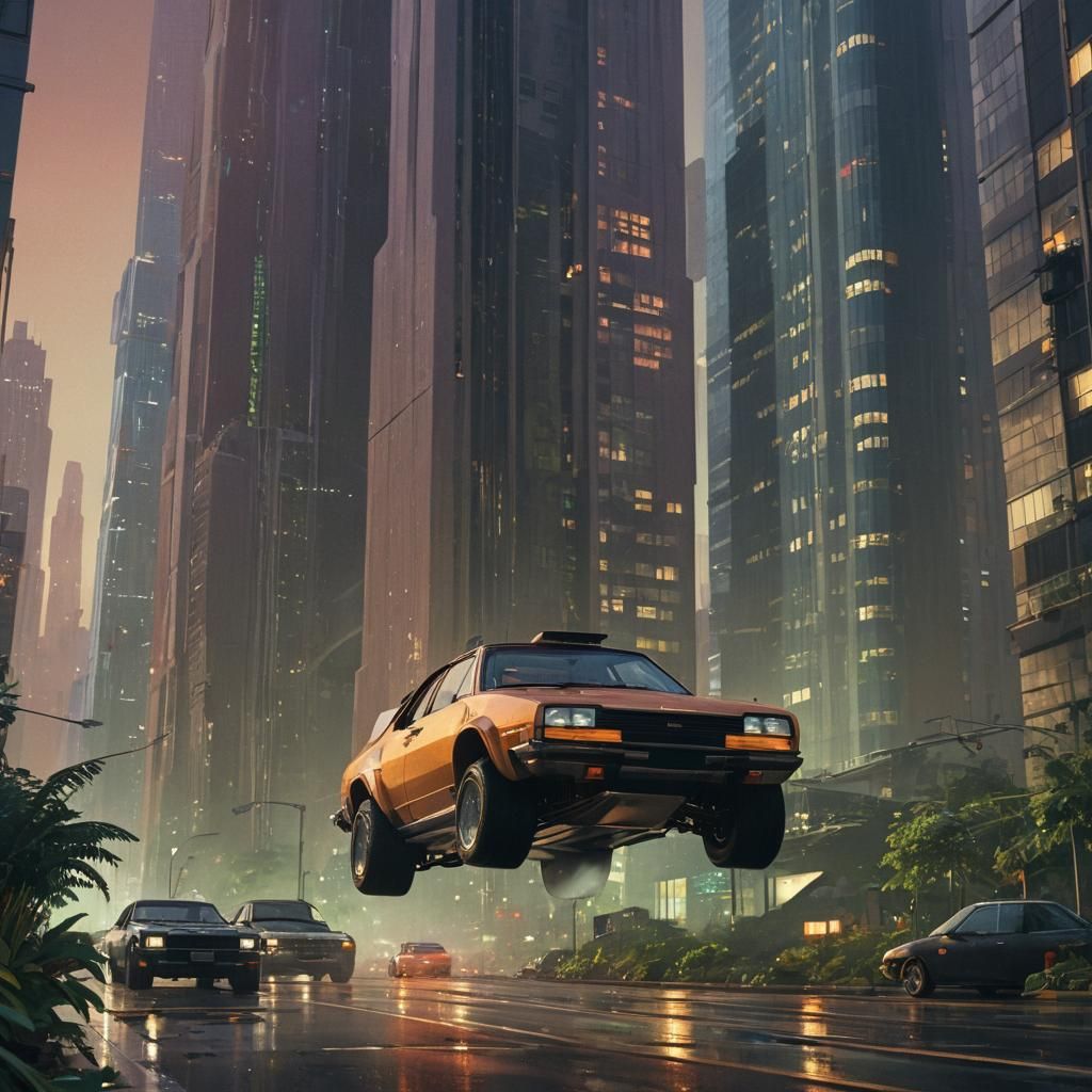 Retro-Futuristic Car Hovering in a Cityscape