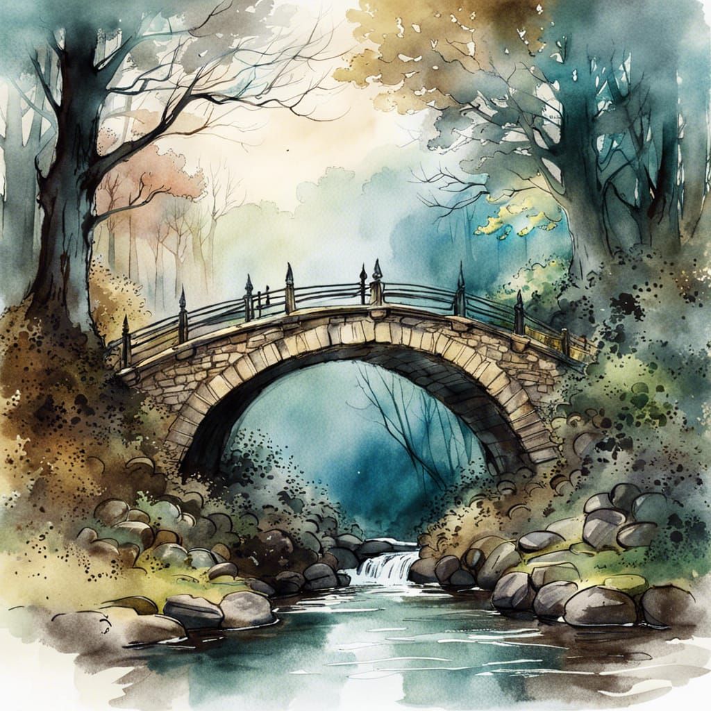 Fairytale Bridge to Forest in Watercolor Style