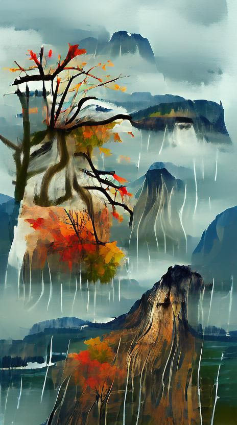 Melancholic Autumn Landscape with Rainy River View