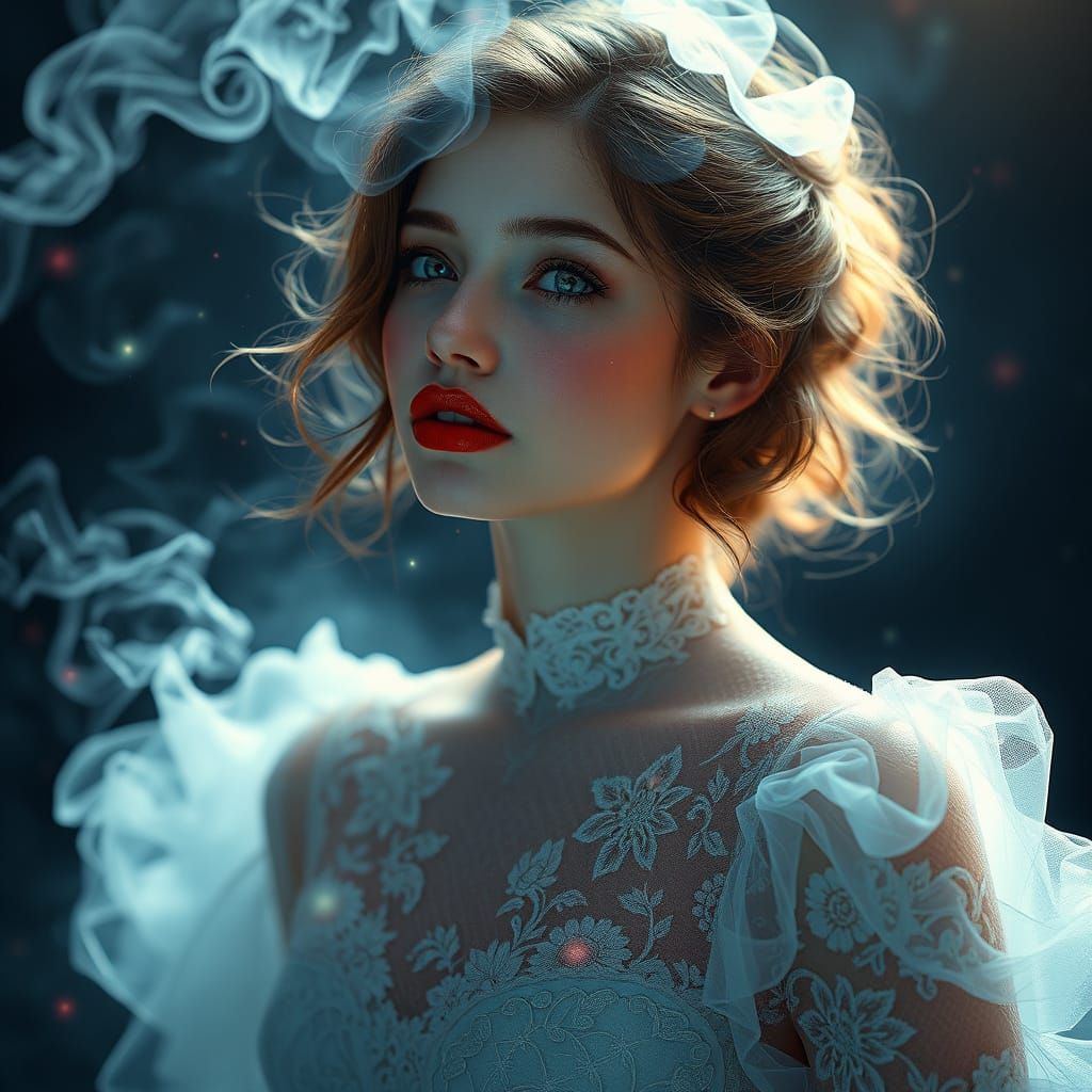 An elegant translucent girl shrouded in smoke, luminous sparks, red lips, beautiful clear eyes, lacy dress decorated wit...