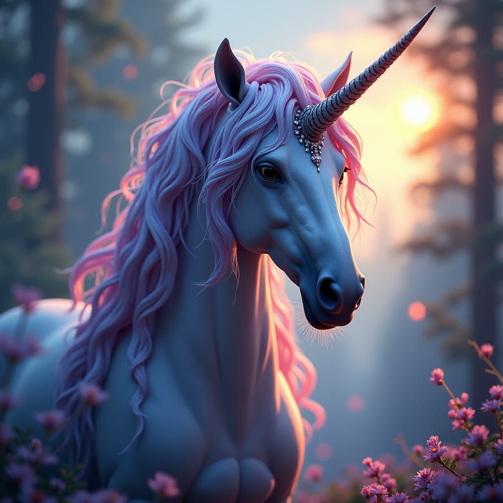 Mythical Unicorn with Crystal Beard in Dreamlike Forest