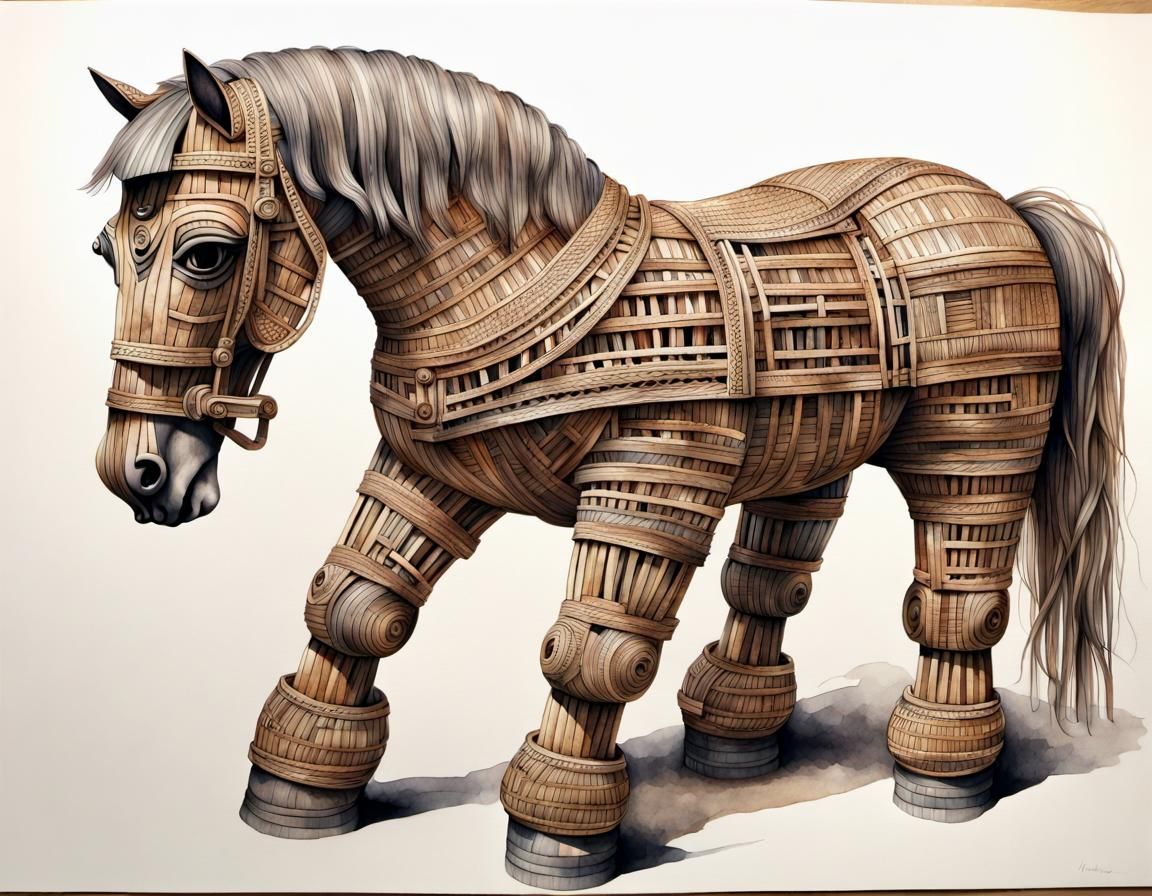 Intricate Wicker Trojan Horse in Watercolour Style