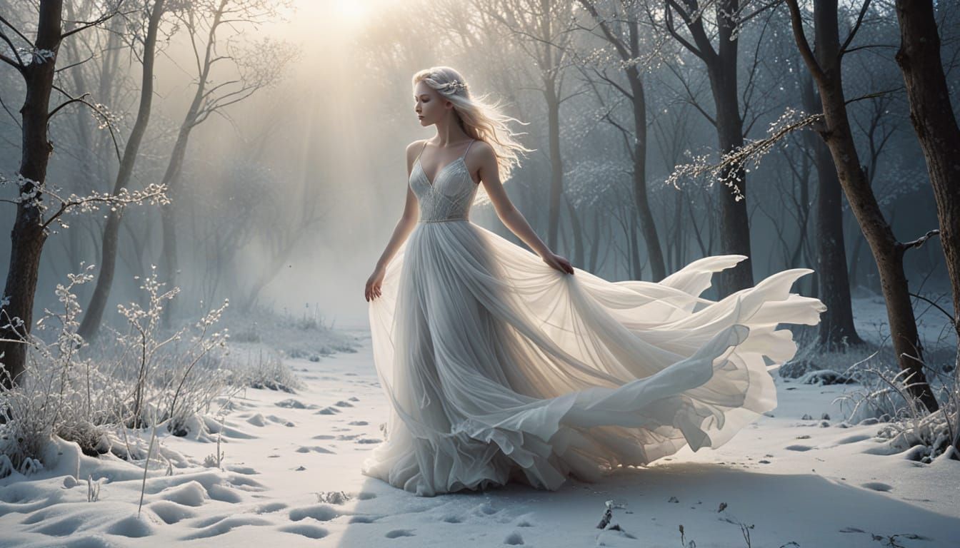 Mystical Woman with White Wolf on Frozen Landscape