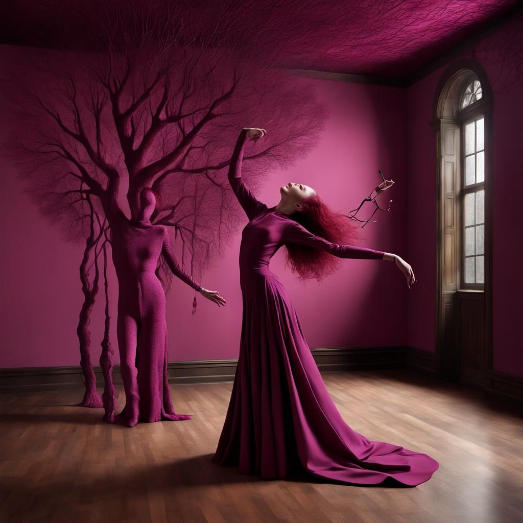 Glass Dancers in Magenta Hues: Surreal 3D Art