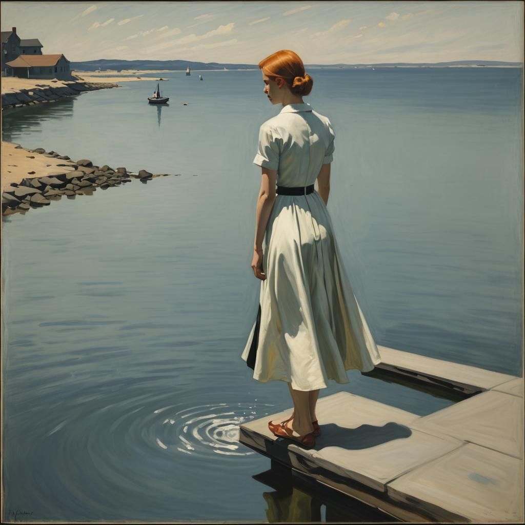 Girl in Water Dress, Hopper-Inspired Digital Art