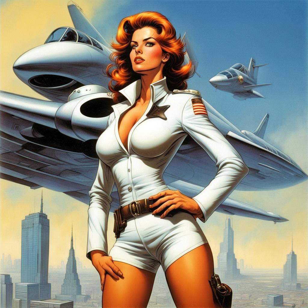Pilot in Futuristic City, Comic Book Style