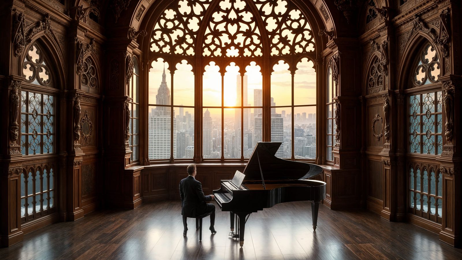Surreal Sunrise Chamber with Grand Piano and Modern Cityscap...