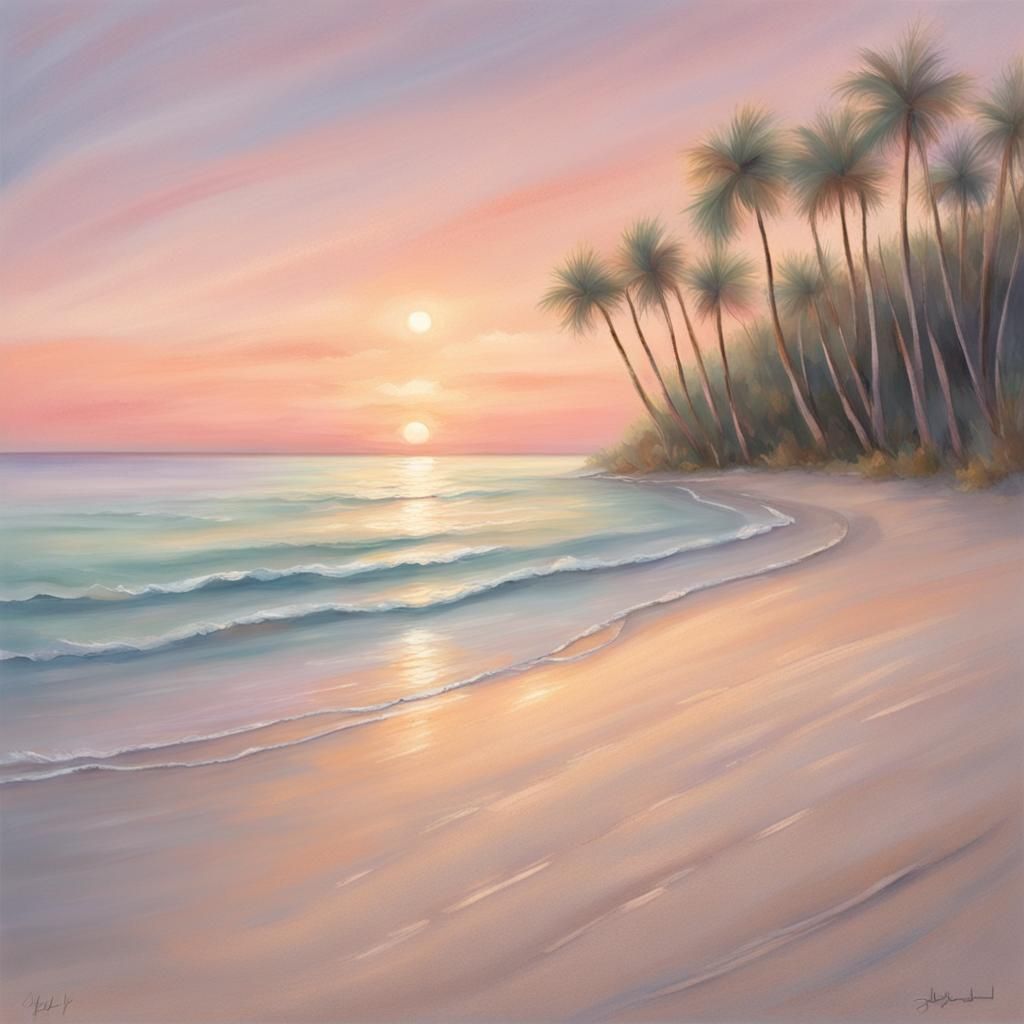 Serenity at Sunset: A tranquil beach scene with soft pastel colors as the sun sets over the ocean, casting a warm glow o...