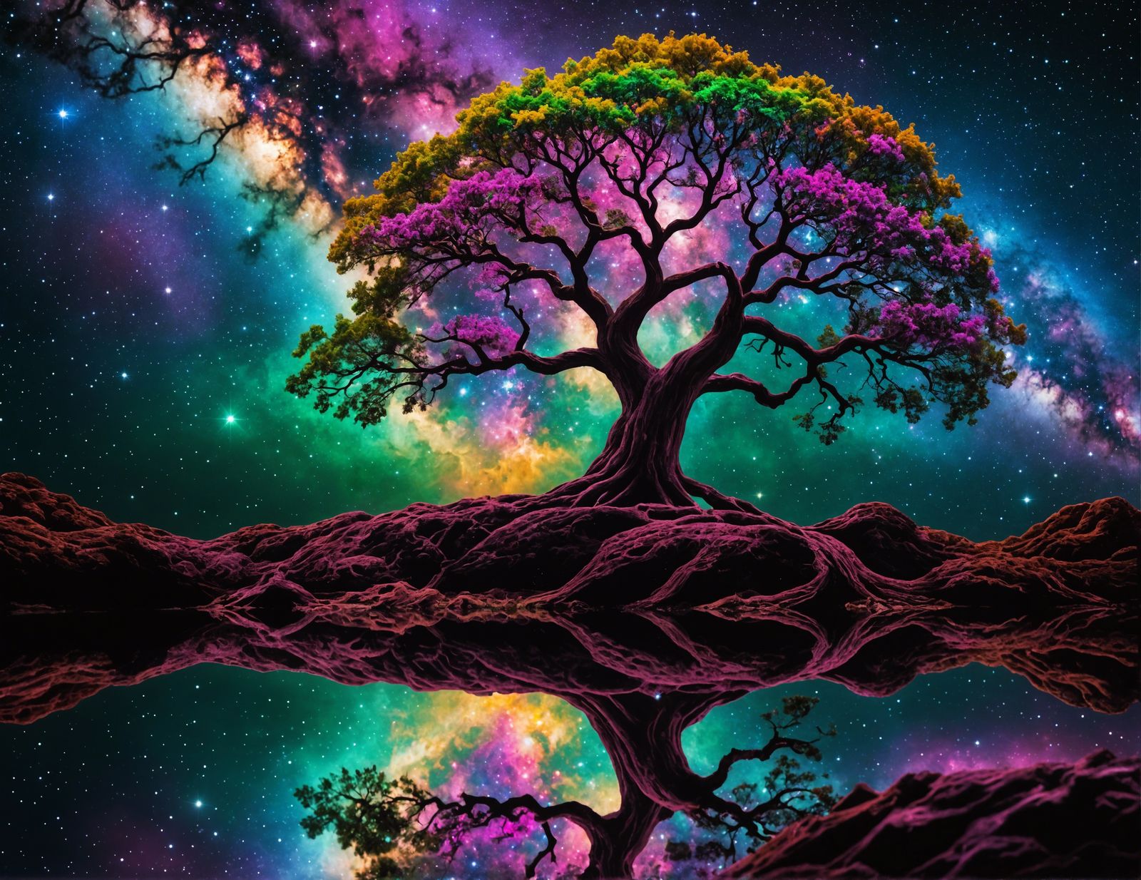 Tree of life in galaxy nebula in in the style of Lisa Frank Professional photography, bokeh, natural lighting, canon len...