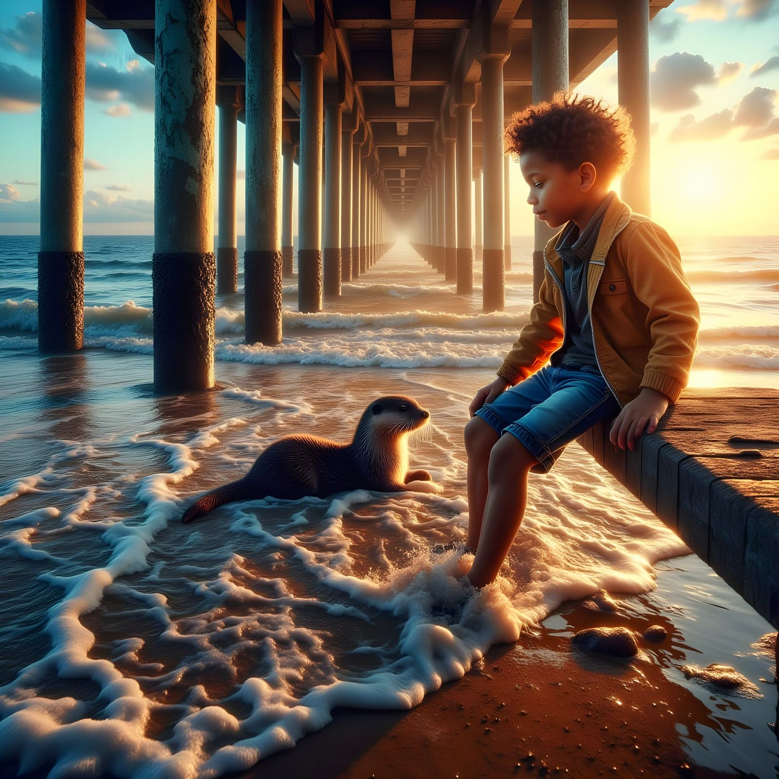 Brighton Pier Boy Watches Serene Otter Family in Sunshine