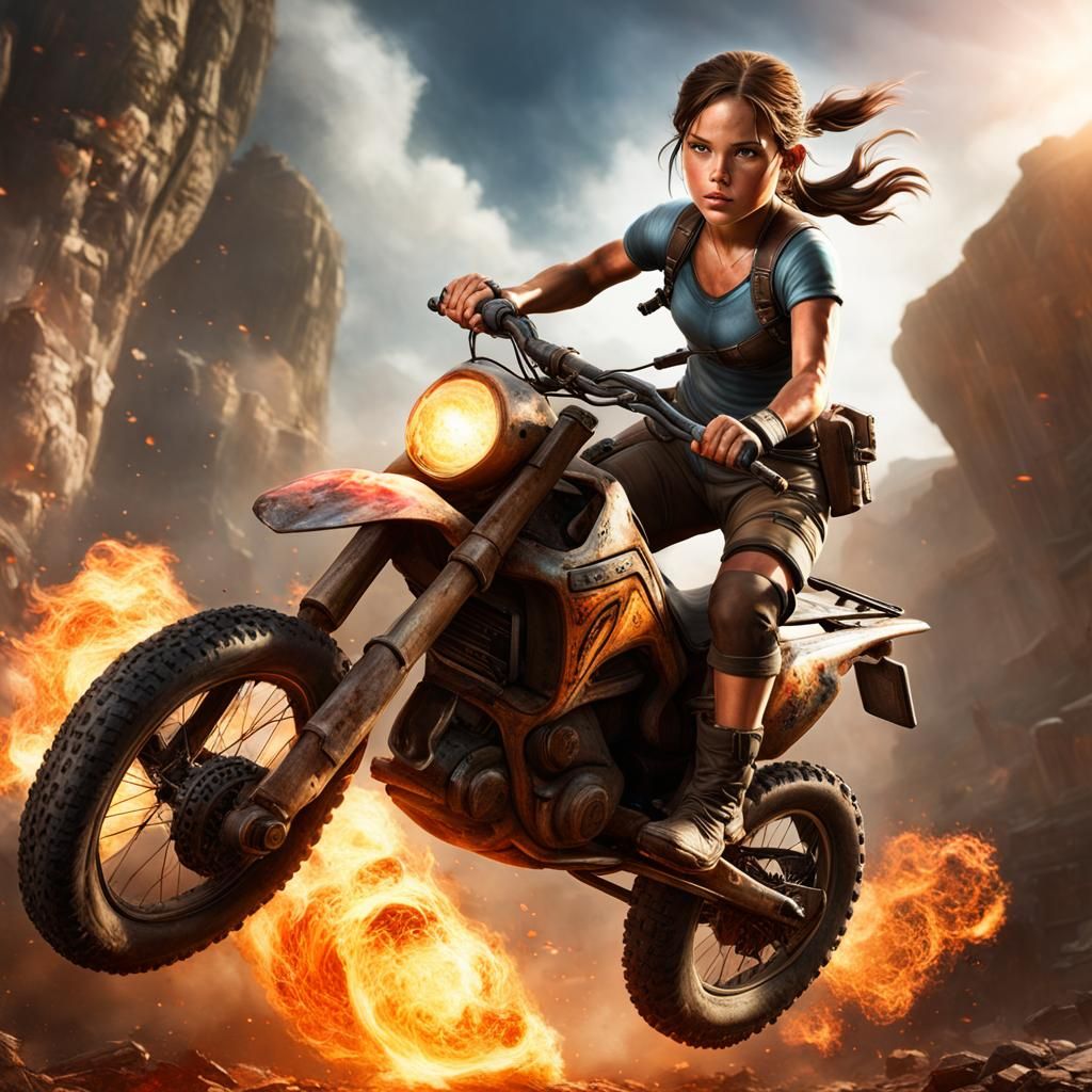 Lara Croft on Pigbike: Hyperrealistic Action Scene