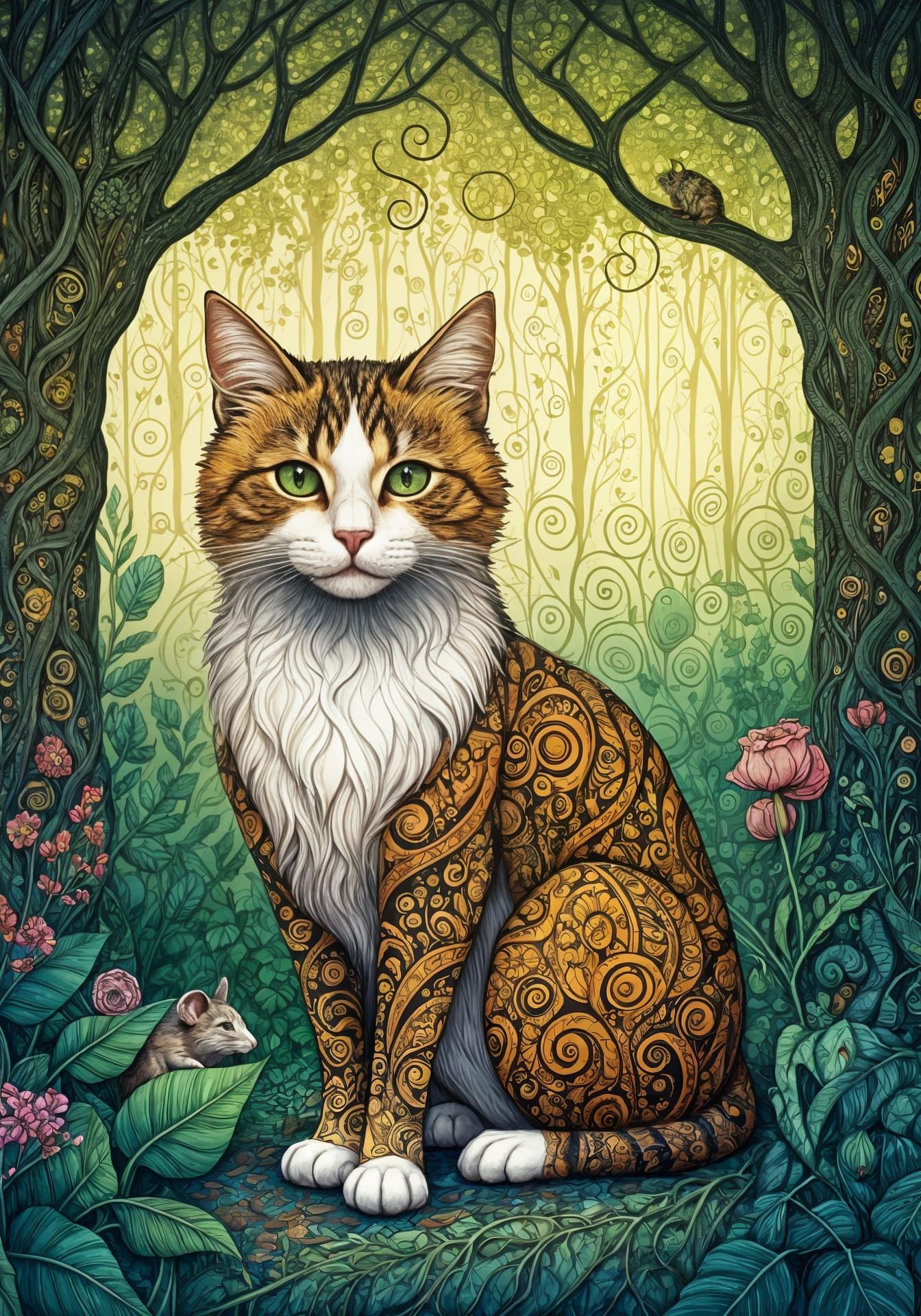 Enchanted Garden Whimsy: Calico Cat and Hidden Mouse