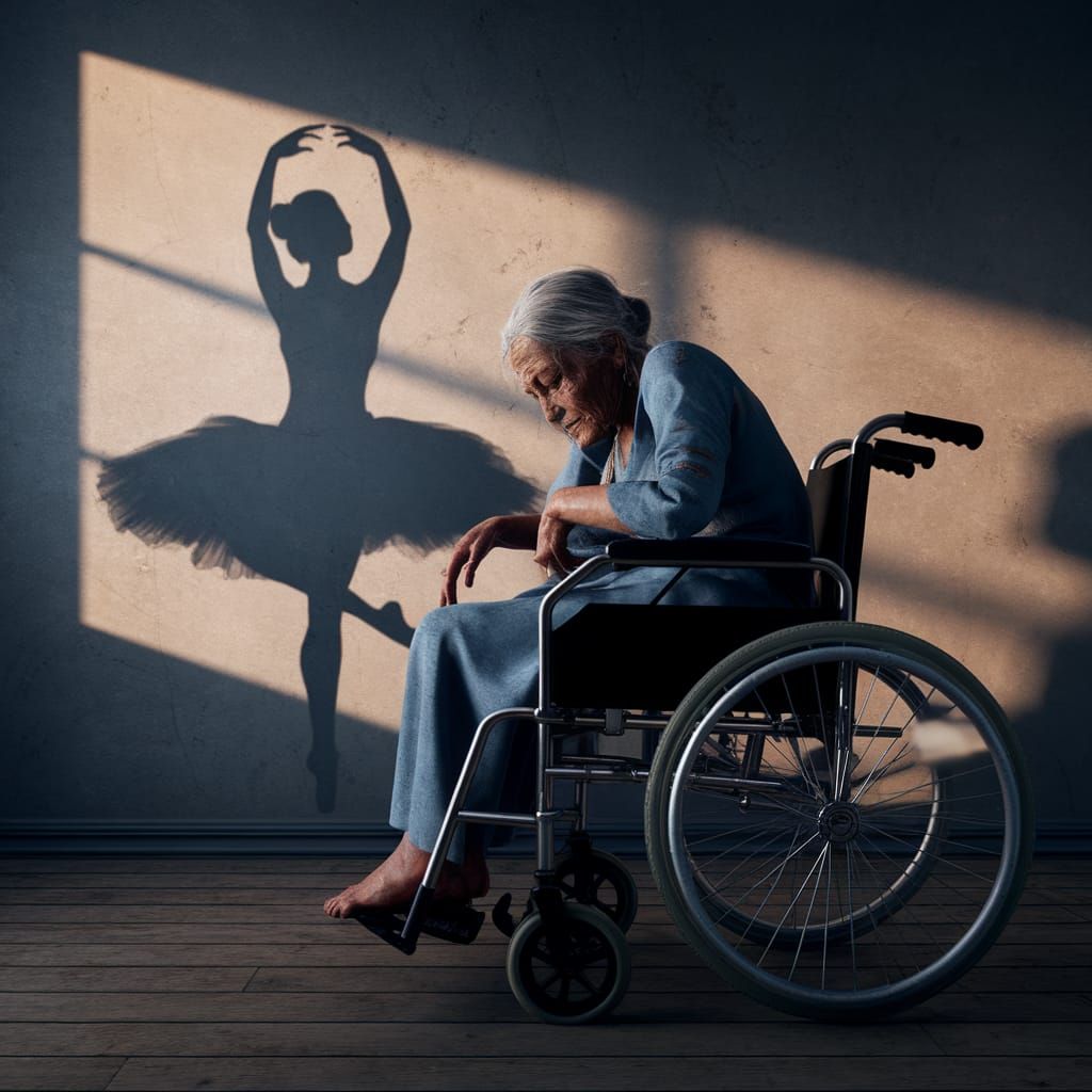 Dramatic Painting of Frail Woman with Ballerina Shadow