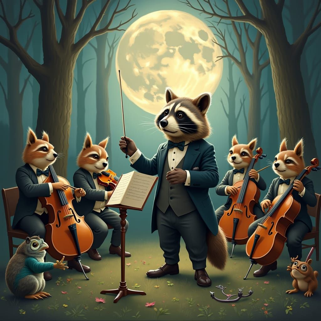 Woodland Whimsy: A Raccoon Maestro Conducts a Moonlit Orches...