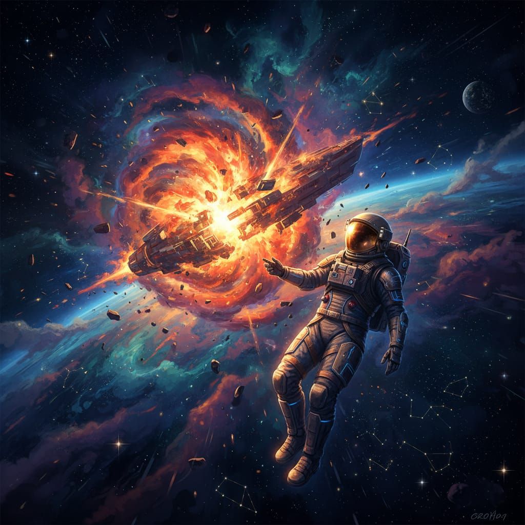 Astronaut Witnesses Cosmic Ship Explosion in Digital Paintin...