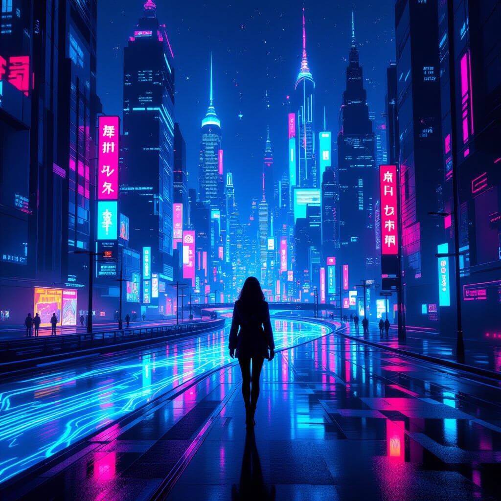 Neon Rivers Flow in Cyberpunk Cityscape