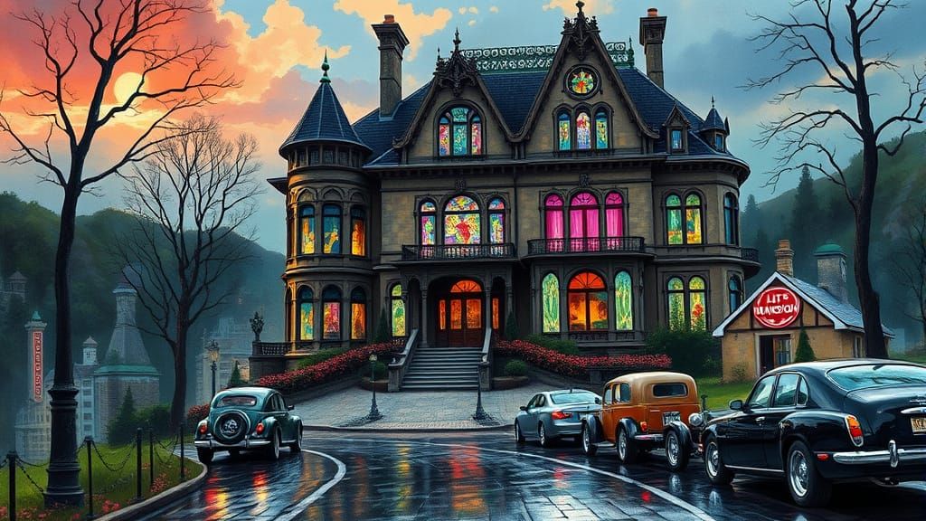 Victorian Mansion Overlooking Cyberpunk City in Impasto Styl...