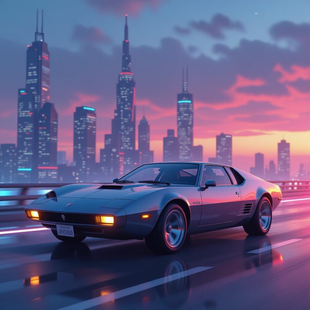 Futuristic Cityscape Car Chase in Cyberpunk Style